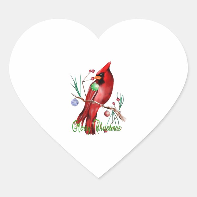 Merry Christmas Cardinal Heart Sticker (Front)