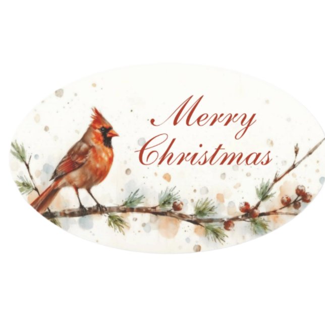 Merry Christmas Cardinal on Branch Oval Stickers (Creator Uploaded)