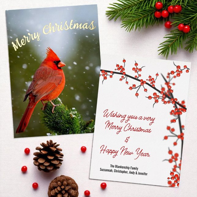 Merry Christmas Cardinal On Evergreen In Snow Foil Holiday Card (Foil Christmas flat card template)