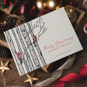 Merry Christmas Cardinals Birch Branches Photo Holiday Card
