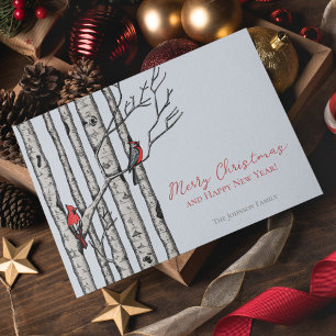 Merry Christmas Cardinals Birch Branches Photo Holiday Card