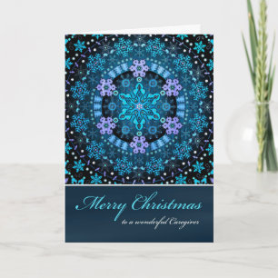 Merry Christmas Caregiver, Blue Boho Snowflakes Holiday Card