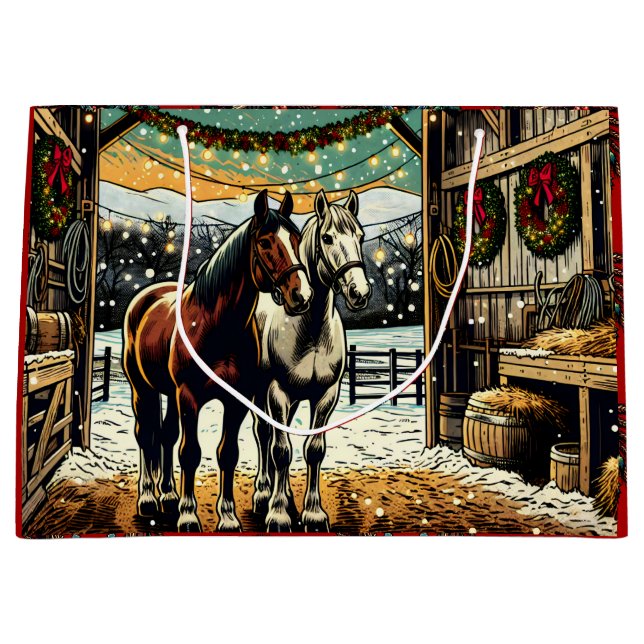 Merry Christmas Cartoon Horses   Large Gift Bag (Front)