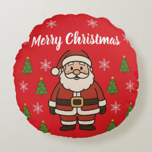 Merry Christmas Cartoon Santa Claus Fun Red Round Pillow