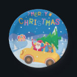 Merry Christmas Cartoon Santa Reindeer Car Paper Plate<br><div class="desc">This design features a cute cartoon of Santa Claus and a reindeer collecting a Christmas tree in a car with "Merry Christmas" written in colourful popular typography.
#christmas #holidays #seasonal #ChristmasTable #ChristmasParty #ChristmasKidsParty #cute #festive</div>
