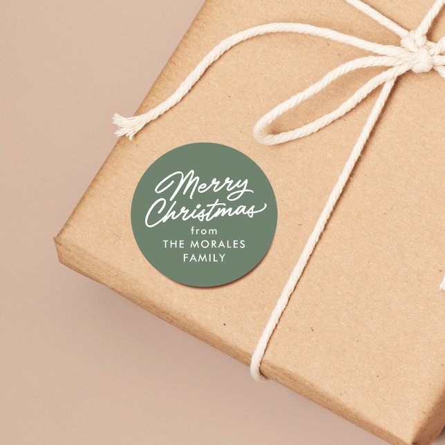 Merry Christmas casual script green holiday gift Classic Round Sticker (Creator Uploaded)