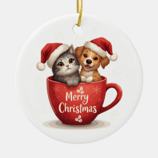 Merry Christmas Cat and Dog in Mug, Cute Pet Ceramic Ornament