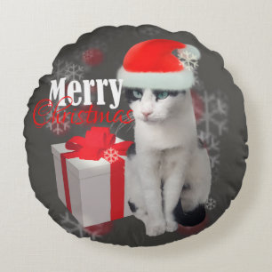 Merry Christmas Cat and Pack Round Pillow