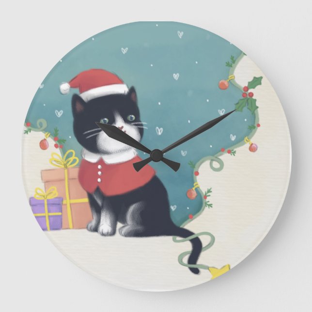 Merry Christmas: Cat Illustration Art Large Clock (Front)