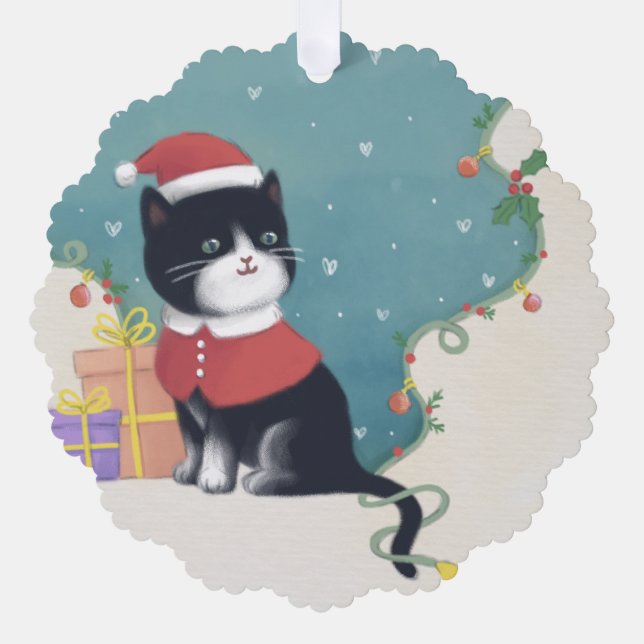 Merry Christmas: Cat Illustration Art Ornament Card (Front)