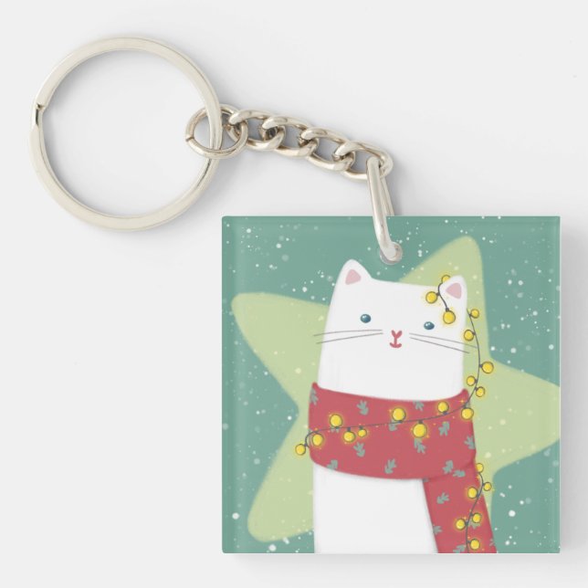 Merry Christmas: Cat Illustration Keychain (Front)