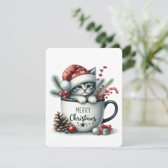 Merry Christmas Cat In A Mug - Christmas Holiday Card (Standing Front)