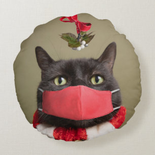 Merry Christmas Cat in Face Mask Under Mistletoe Round Pillow