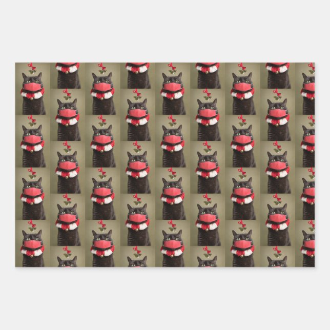 Merry Christmas Cat in Face Mask Under Mistletoe Wrapping Paper Sheet (Front)