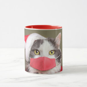 Merry Christmas Cat in Santa Hat and Face Mask Mug