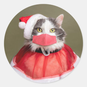 Merry Christmas Cat in Santa Outfit and Face Mask Classic Round Sticker