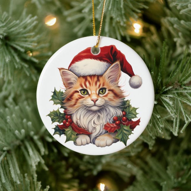 Merry Christmas Cat Kitten in Santa Hat and Holly Ceramic Ornament (Tree)