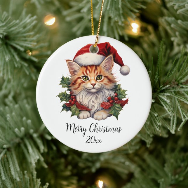 Merry Christmas Cat Kitten Santa Hat Holly Custom Ceramic Ornament (Tree)