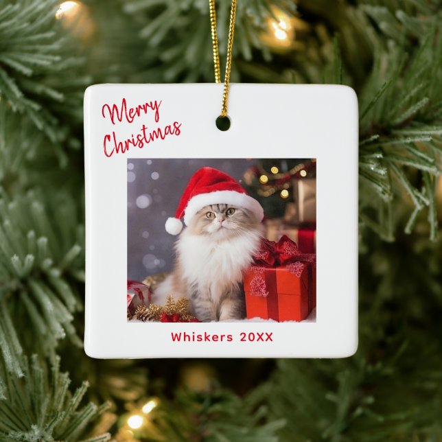 Merry Christmas Cat Photo Holiday Ceramic Ornament (Tree)