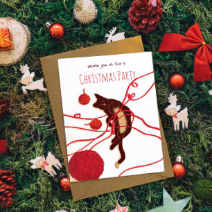Merry Christmas Cat- Playful Cat with Red Ribbons Invitation