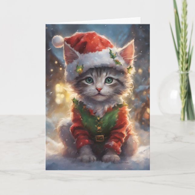 Merry Christmas Cat, Santa Kitten, Holiday Pets Card (Front)
