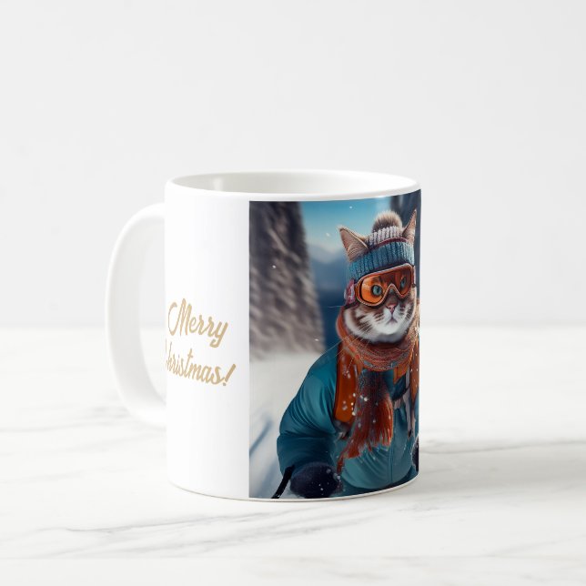 Merry Christmas Cat skiing  Coffee Mug (Front Left)