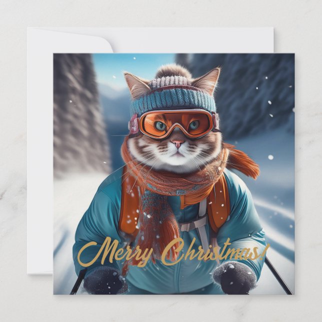 Merry Christmas Cat skiing  Holiday Card (Front)