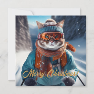 Merry Christmas Cat skiing  Holiday Card