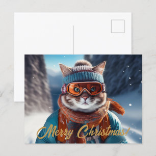 Merry Christmas Cat skiing  Holiday Postcard