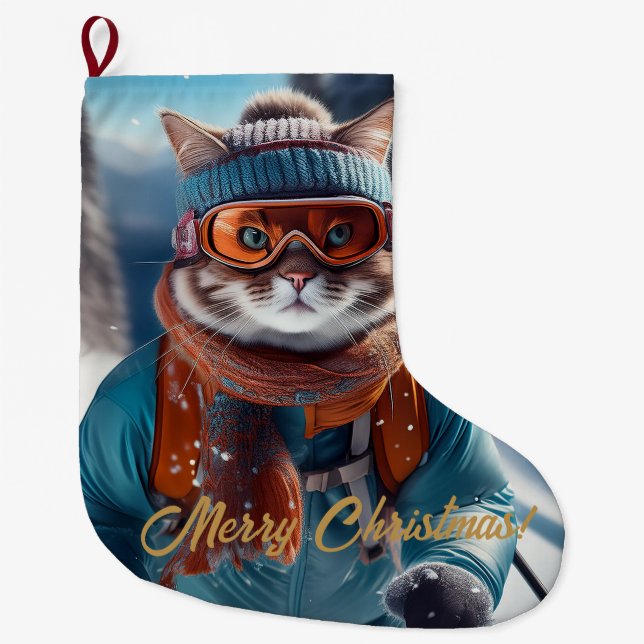 Merry Christmas Cat skiing  Large Christmas Stocking (Front)