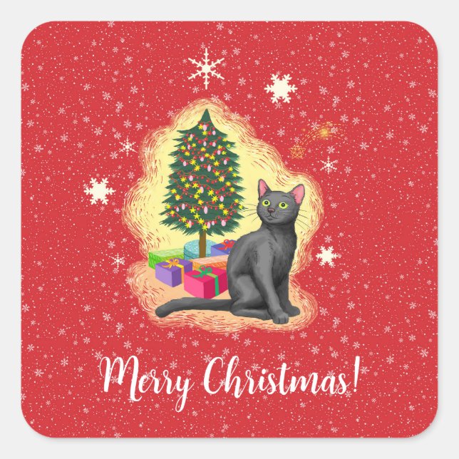Merry Christmas Cat Square Sticker (Front)