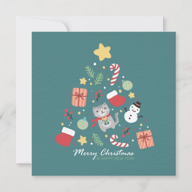 Merry Christmas: Cat & Tree Illustration Invitation (Front)