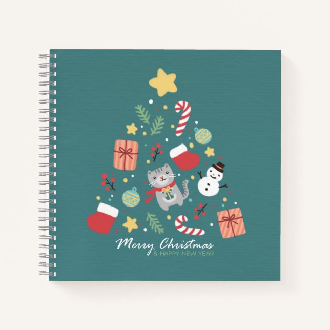 Merry Christmas: Cat & Tree Illustration Notebook (Front)