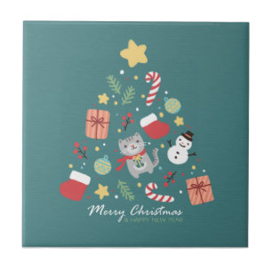 Merry Christmas: Cat & Tree Illustration Tile