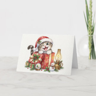 Merry Christmas Cat with Gifts Christmas Card