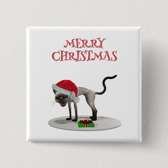 Merry Christmas. Cat with Santa hat 2 Inch Square Button (Front)