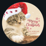 Merry Christmas,Cat With Santa Hat Classic Round Sticker<br><div class="desc">Merry Christmas and cat with Santa hat.</div>