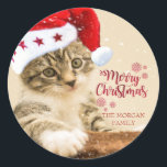 Merry Christmas,Cat With Santa Hat Classic Round Sticker<br><div class="desc">Merry Christmas and cat with Santa hat.</div>