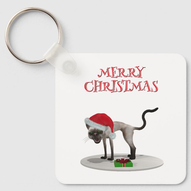 Merry Christmas. Cat with Santa hat Keychain (Front)
