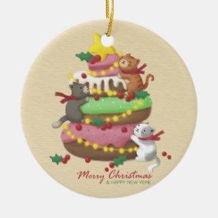 Merry Christmas: Cats & Sweets Illustration Ceramic Ornament