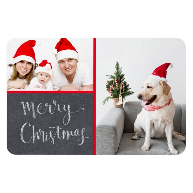 Merry Christmas Chalk Design Double Photo Holiday  Magnet (Horizontal)
