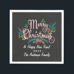 MERRY CHRISTMAS CHALKBOARD HOLLY AND BRANCHES NAPKIN<br><div class="desc">MERRY CHRISTMAS & HAPPY NEW YEAR | Bright and colourful hand-drawn chalkboard art style seasonal Christmas holiday paper napkins with casual hand-written retro typography, feathery winter pine branches and flowery foliage wreath with laurel leaves and holly in red, white, and green. Personalize it with your name or custom greeting. Click...</div>
