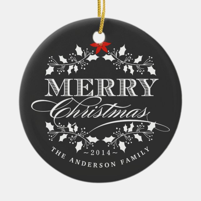 Merry Christmas Chalkboard Holly Photo Ornament (Front)