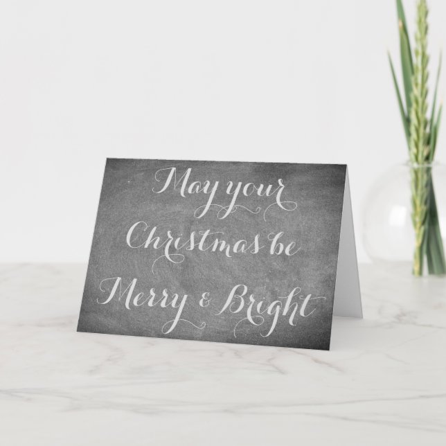 Merry Christmas Chalkboard Typography Black White Holiday Card (Front)