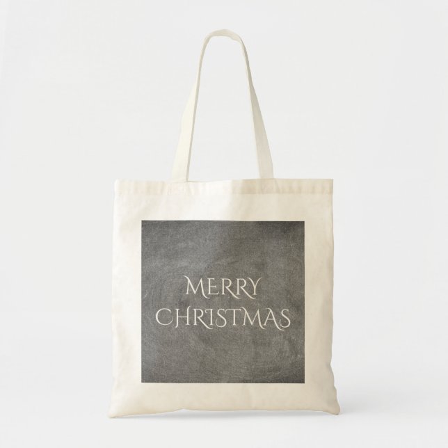 Merry Christmas Chalkboard Typography Black White Tote Bag (Front)