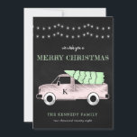 Merry Christmas Chalkboard Vintage Truck Holiday<br><div class="desc">Merry Christmas Chalkboard Vintage Truck Holiday Card  - Our holiday card features a chalk vintage truck carrying a christmas tree and adorned with glowing Christmas lights. Card is personalized with your family name,  family initial on the truck door and year. Card is part of a collection.</div>