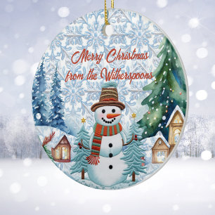 Merry Christmas Charming Snowman Village Monogram Ceramic Ornament