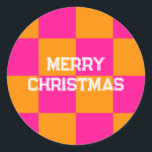 Merry Christmas Check Hot Pink Orange Classic Round Sticker<br><div class="desc">This is a stylish Merry Christmas design in trending orange and hot pink and check pattern. It has the message, "Merry Christmas!" in stylish retro typography. Ideal for your Christmas gift wrap, mailing accessories. envelope seals, and party favour seals this festive season. To personalize, simply add your name in the...</div>