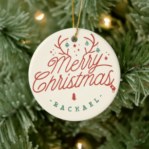 Merry Christmas Check Plaid Personalized Reindeer Ceramic Ornament