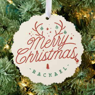 Merry Christmas Check Plaid Personalized Reindeer Ornament Card